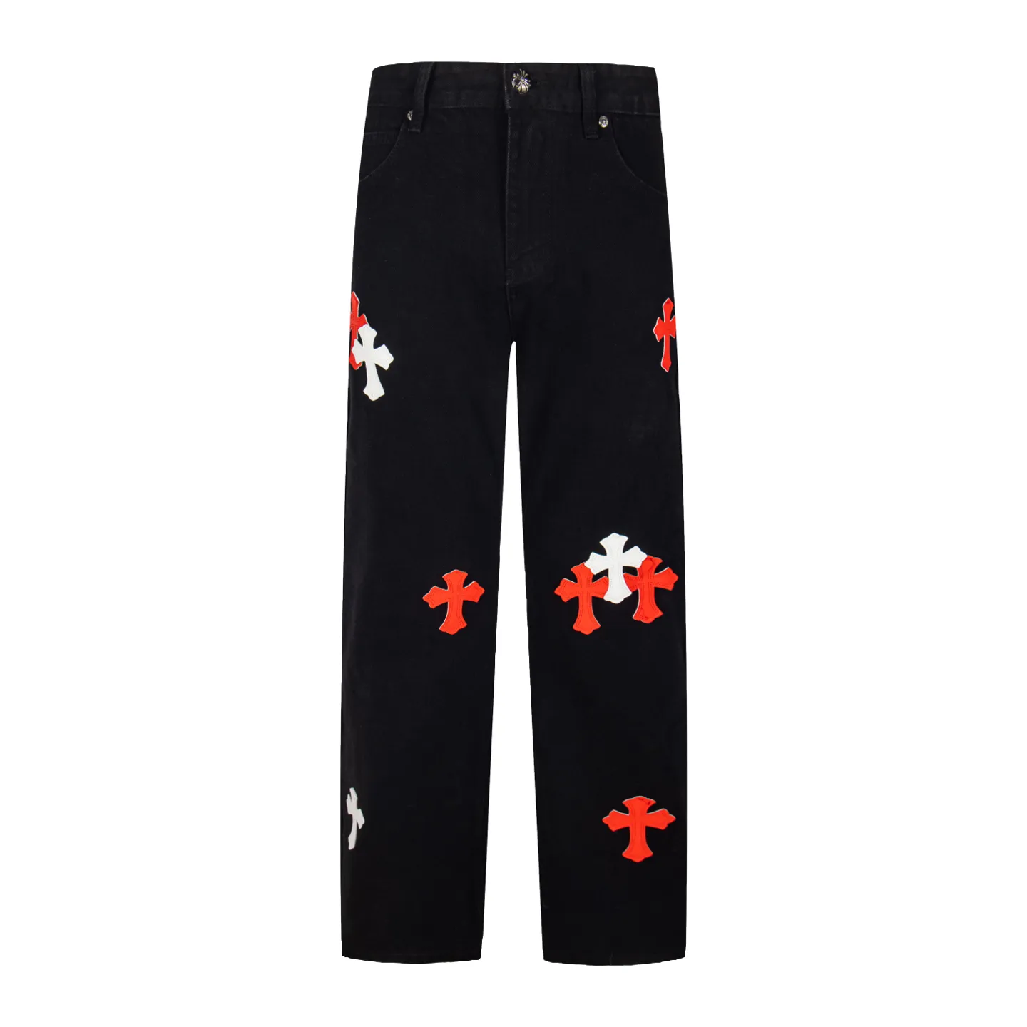 P260 Chrome Hearts Black Pants Sanskrit Red and White Patch Leather Jeans CH jeans need to be washed before being dismantled and then hand-stitched with sheepskin cross leather and then spliced ​​together. The whole piece has too many craftsmanship to explain. The patches are decorated with cross patterns and the high-waisted washed jeans! ! Absolutely high-end luxury products, god-level single products and super popular products, made with top heavy industry, a must-see magic weapon. Customized hardware. The fabric is thick and soft after washing. It has good breathability. Customized small leather label. Unique design. The details are simple and elegant, and the workmanship is exquisite. The entire trousers are neatly routed and the details are in place! It’s so cool that both men and women can easily control the genderless trend! Style number: 1872# Color: black Size: 28 30 32 34